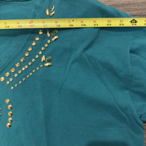 Sweet Blondie Shirt Teal V Neck Rhinestone Studded 90s 80s Wmns OS Made in USA - Picture 6 of 9